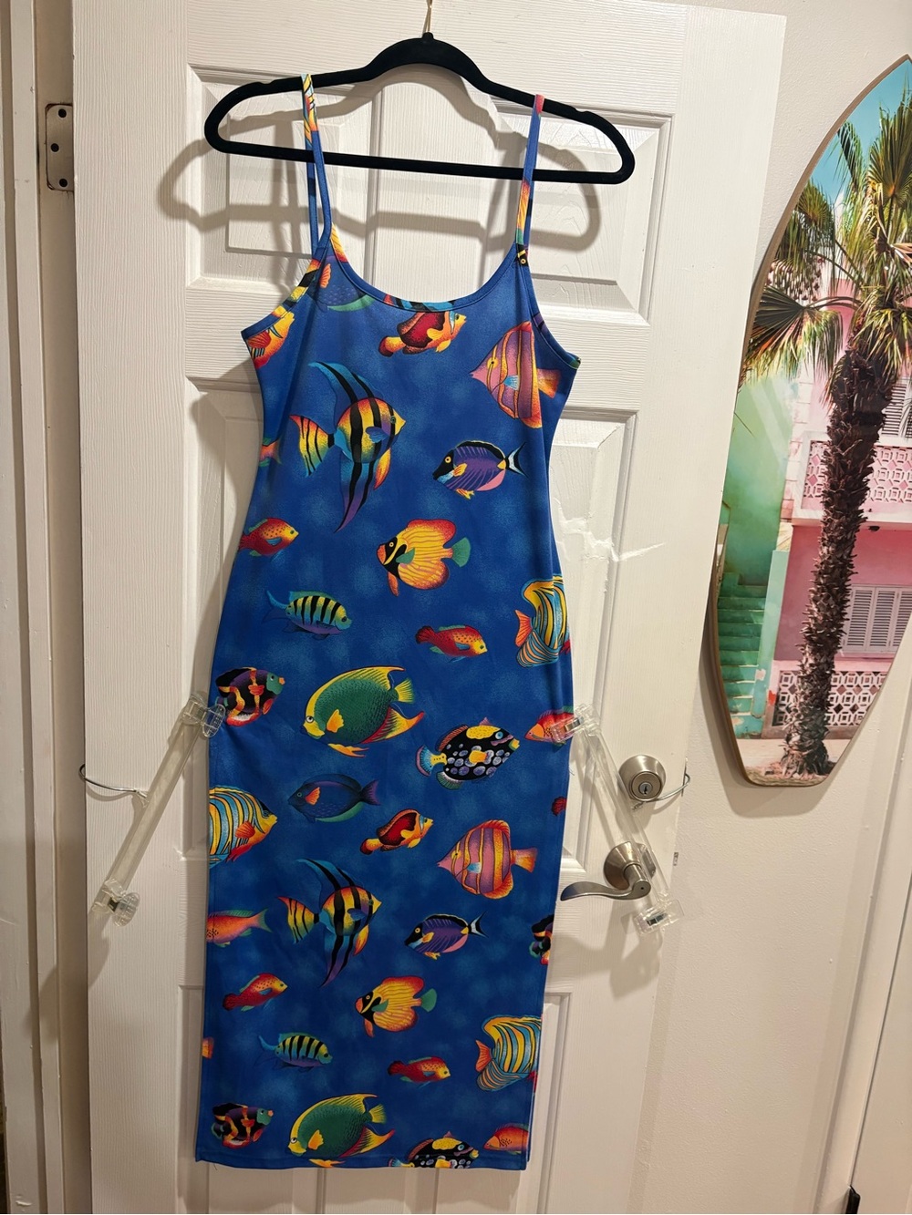Stunning Vintage Blue Tropical Fish Print Swim Dress 1980’s 23” slits on sides